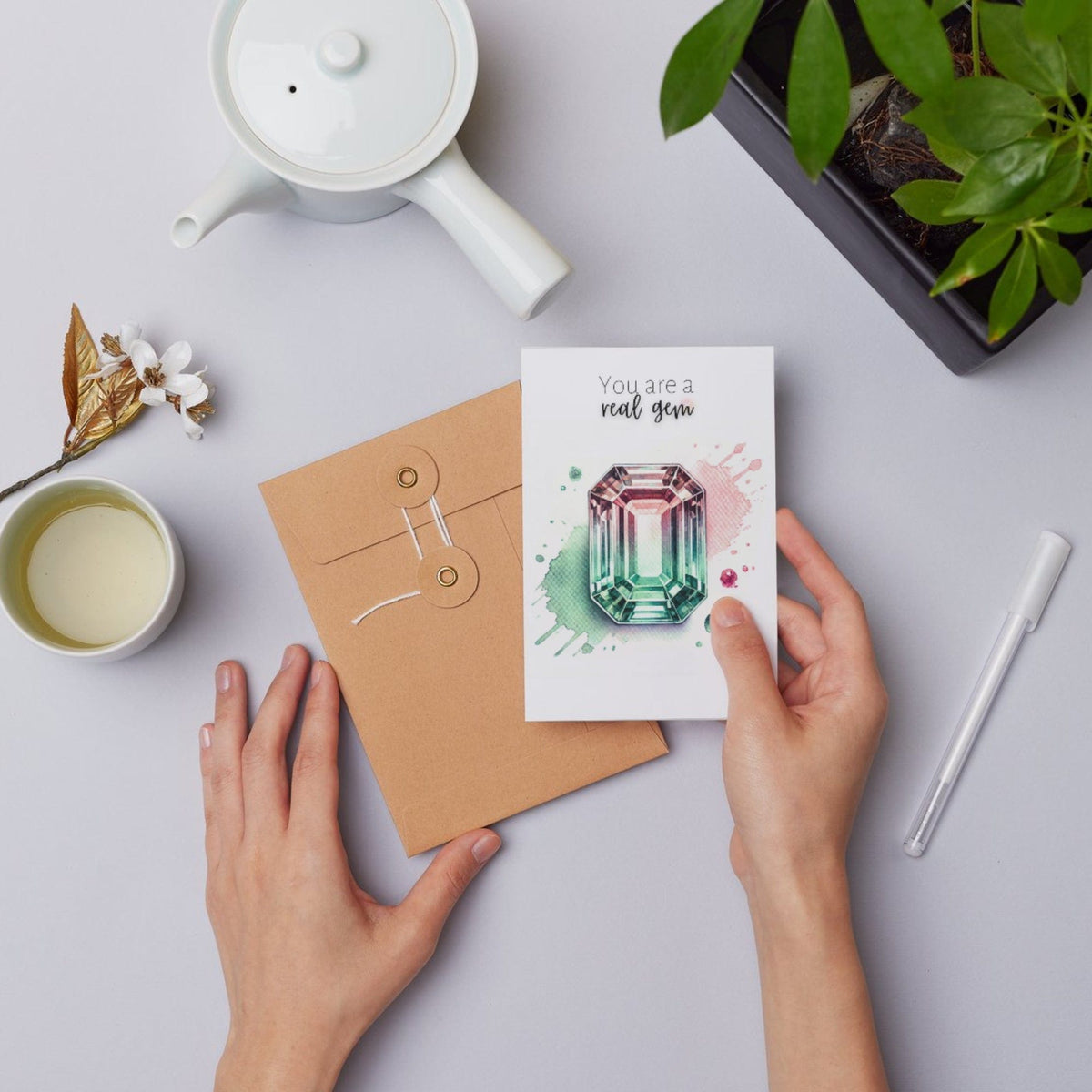 You are a real Gem | Watercolor Emerald-cut Bi-color Tourmaline Folded Card
