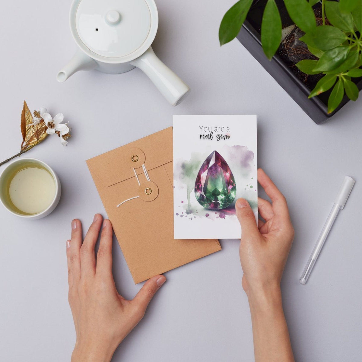 You are a real Gem | Watercolor Pear Bi-color Tourmaline Folded Card