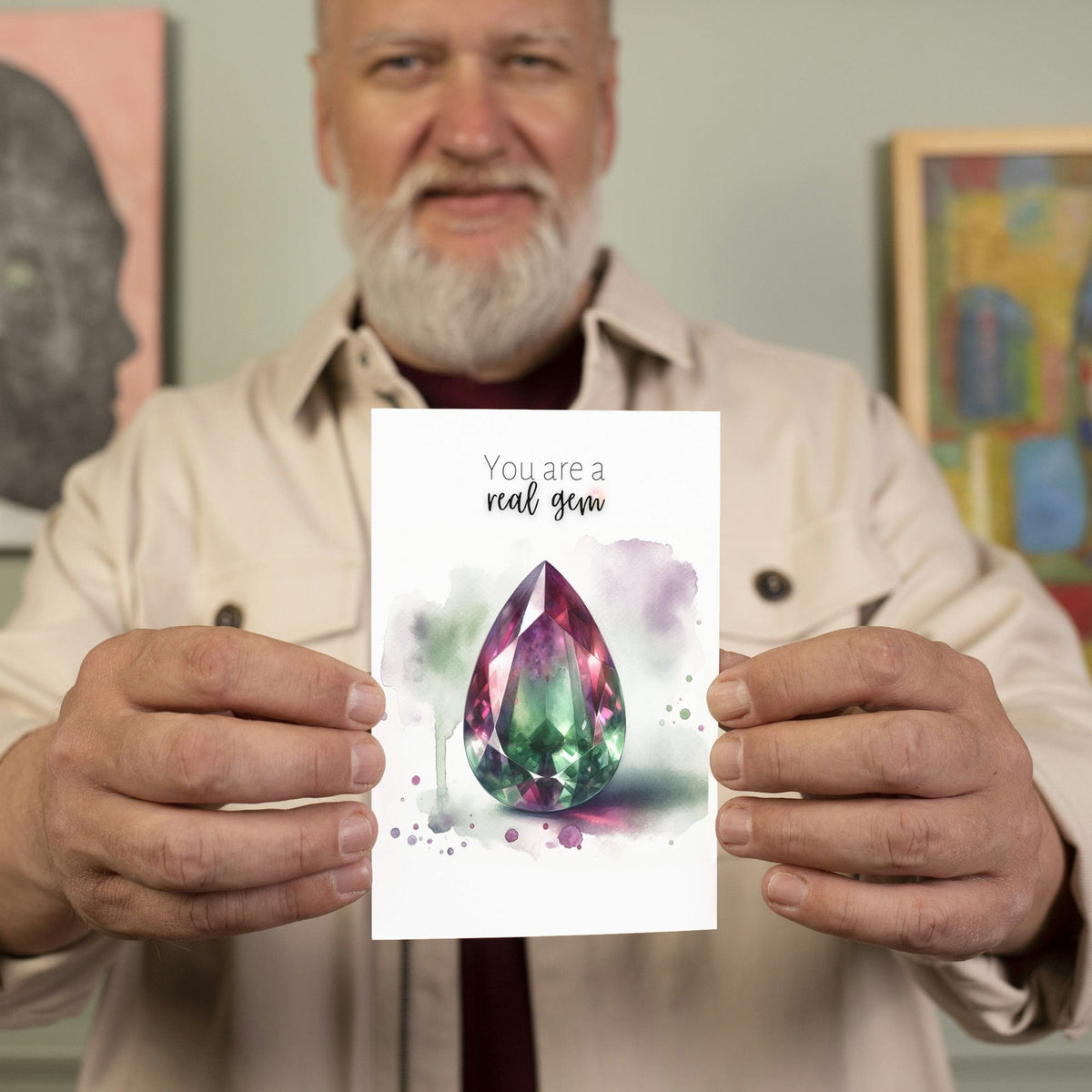 You are a real Gem | Watercolor Pear Bi-color Tourmaline Folded Card