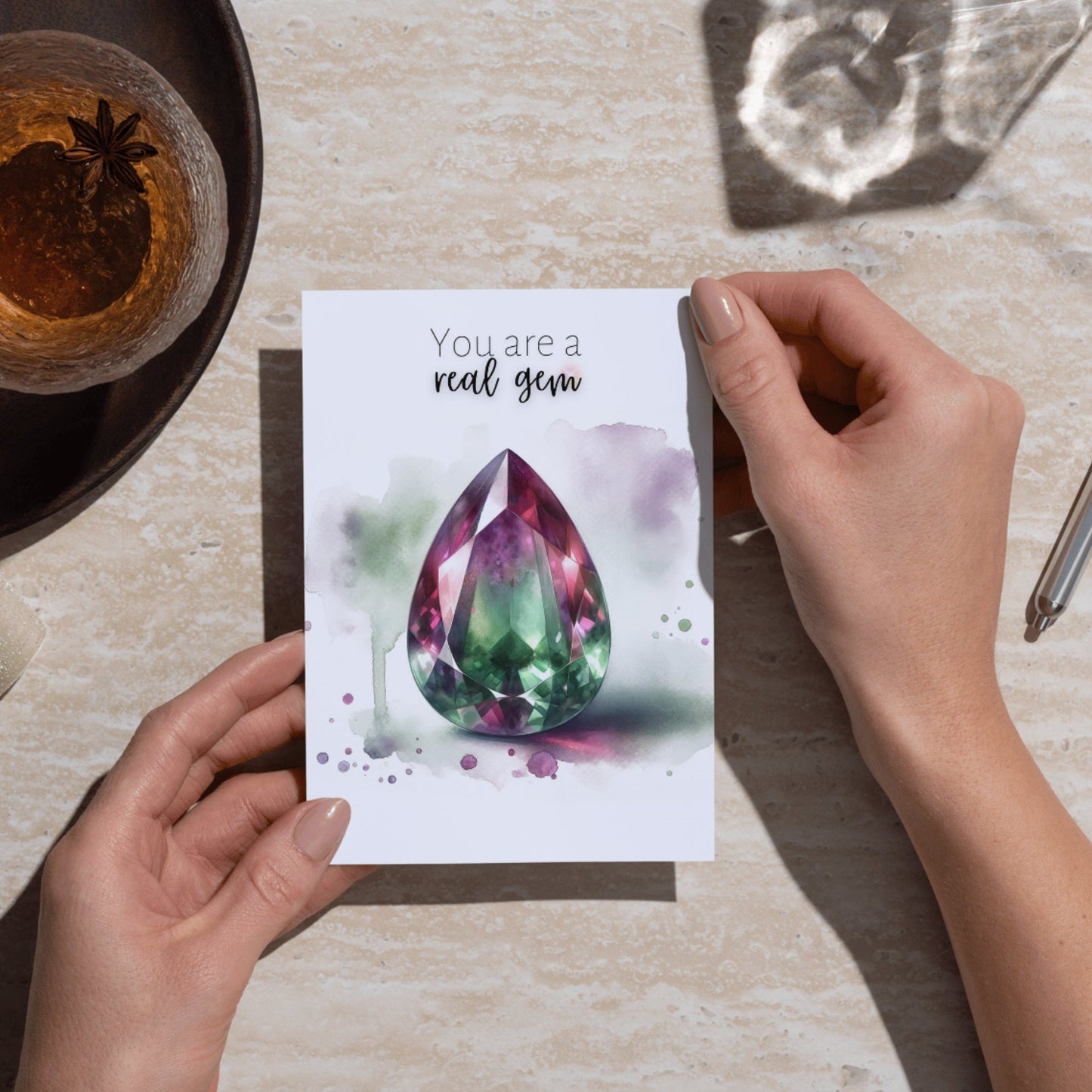 You are a real Gem | Watercolor Pear Bi-color Tourmaline Folded Card