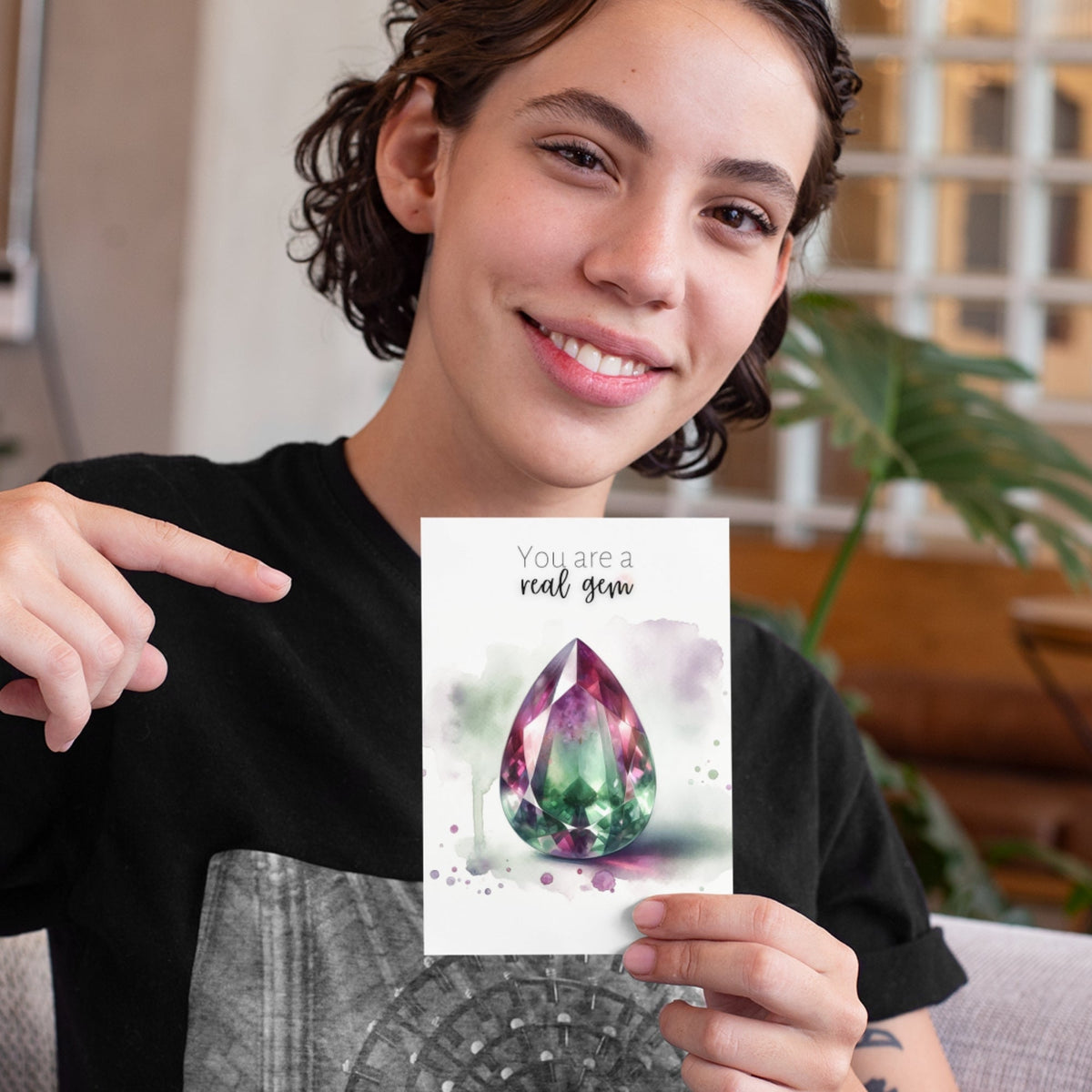 You are a real Gem | Watercolor Pear Bi-color Tourmaline Folded Card