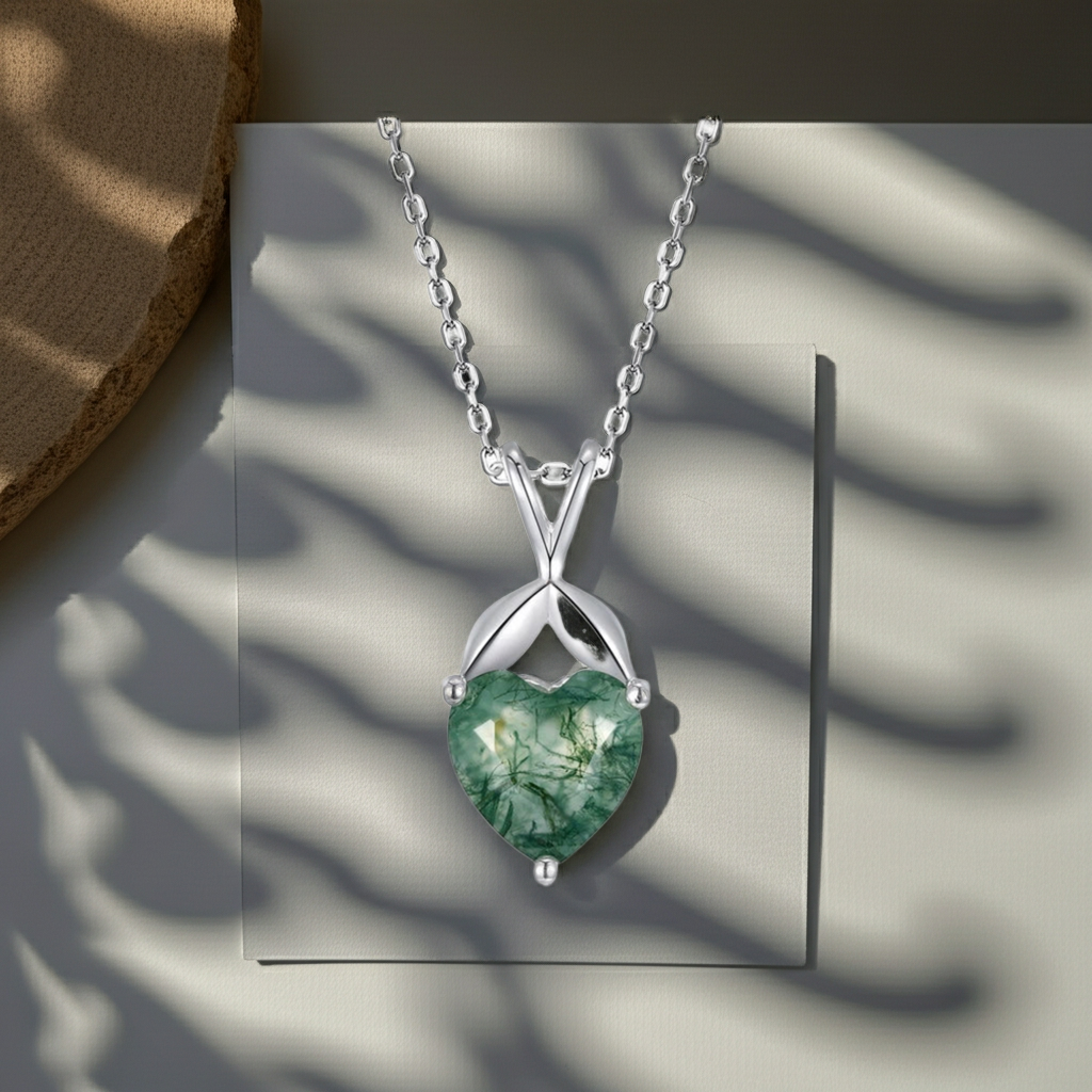 Heart Cut Moss Agate Classic Necklace for Girlfriend - Bryony