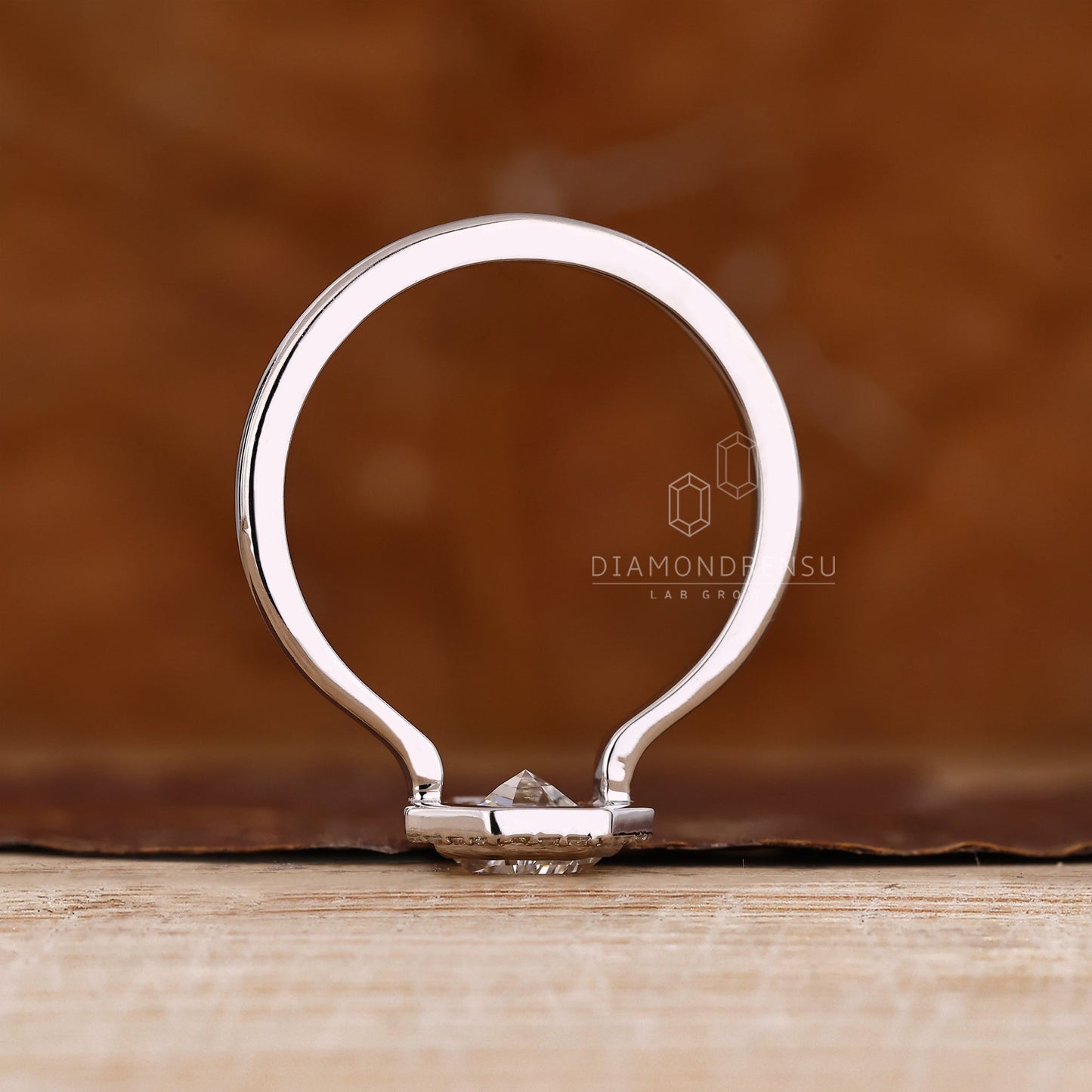 Bezel Set Round Halo Diamond Ring with Coffin Center Stone