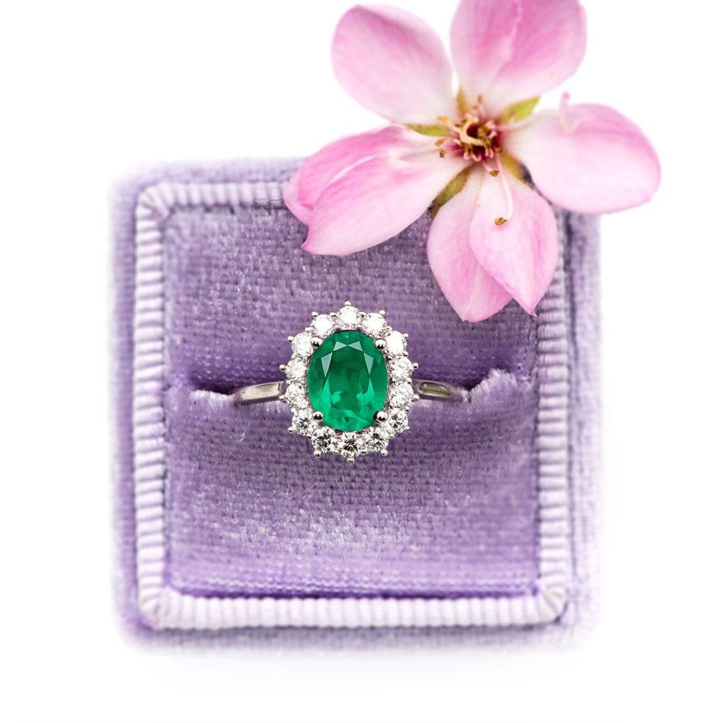 Ophelia - Oval Lab-Grown Emerald Prong Set Halo Engagement Ring