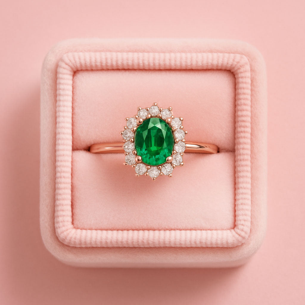 Ophelia - Oval Lab-Grown Emerald Prong Set Halo Engagement Ring