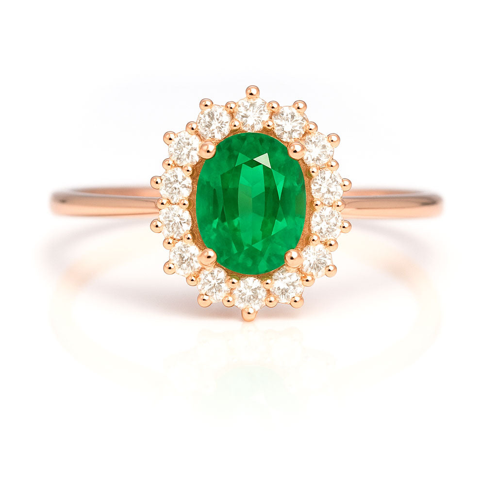 Ophelia - Oval Lab-Grown Emerald Prong Set Halo Engagement Ring