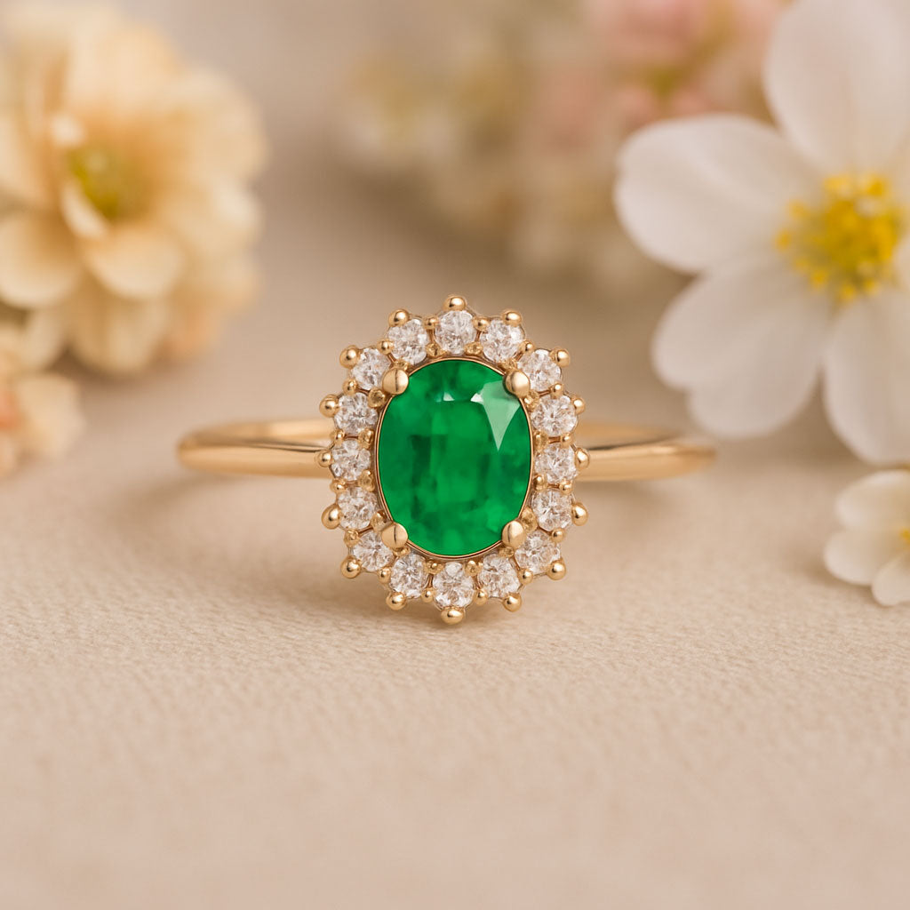 Ophelia - Oval Lab-Grown Emerald Prong Set Halo Engagement Ring