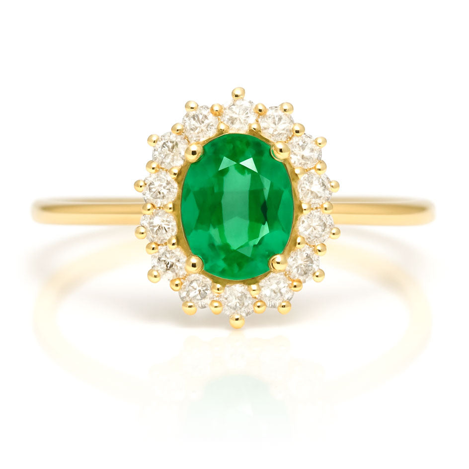 Ophelia - Oval Lab-Grown Emerald Prong Set Halo Engagement Ring