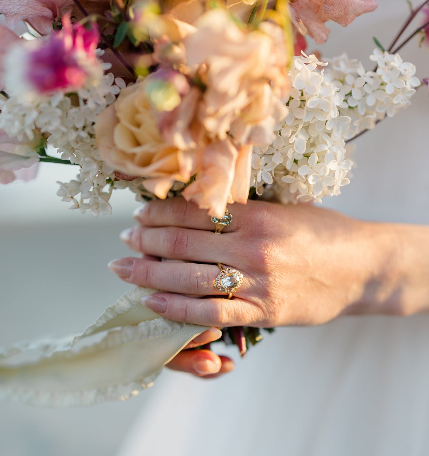 "Merrow" - Oval Cut Prasiolite Engagement Ring With Pearl Accents And Diamond Tracer