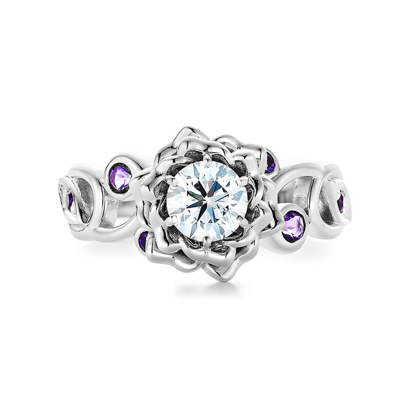 Organic Flower Petals Round Moissanite And Amethyst Engagement Ring