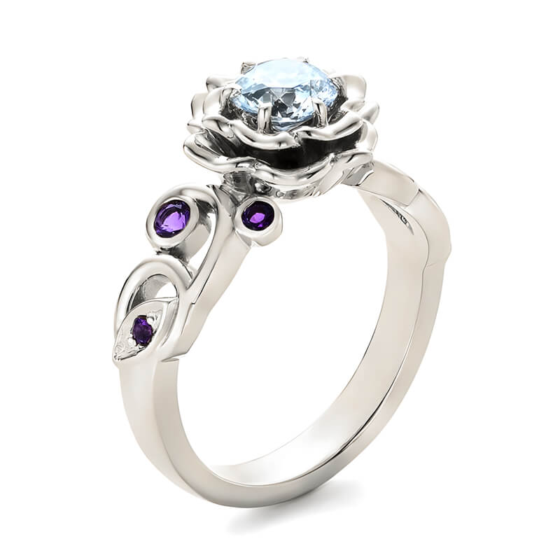 Organic Flower Petals Round Moissanite And Amethyst Engagement Ring