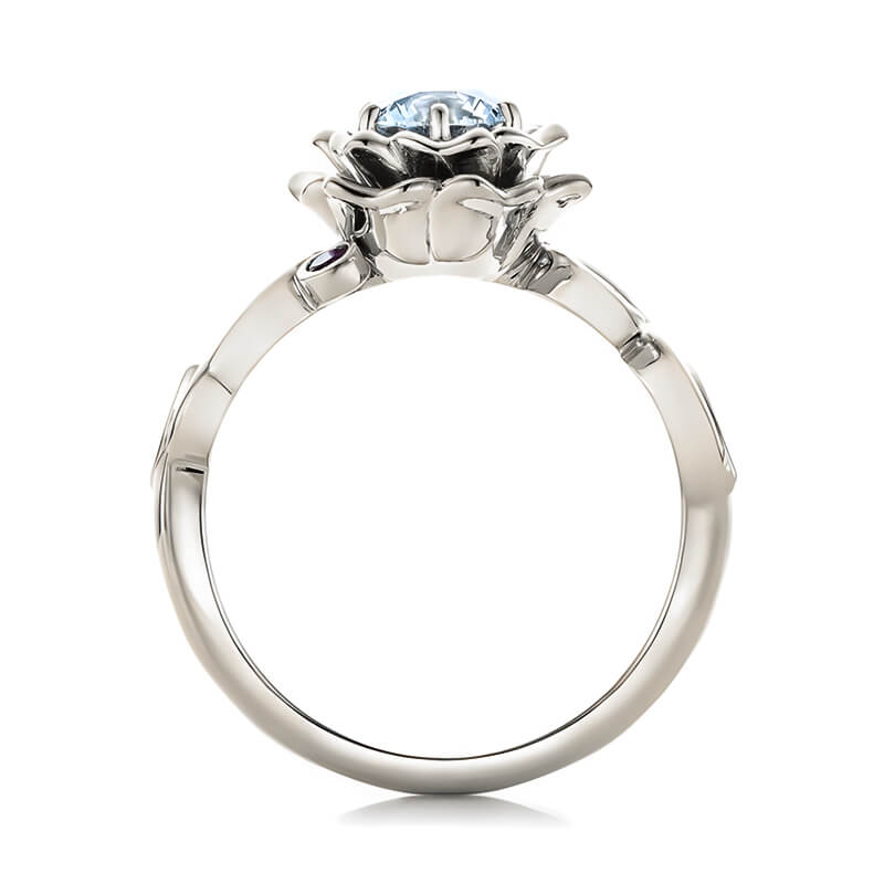 Organic Flower Petals Round Moissanite And Amethyst Engagement Ring