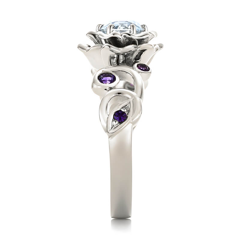 Organic Flower Petals Round Moissanite And Amethyst Engagement Ring
