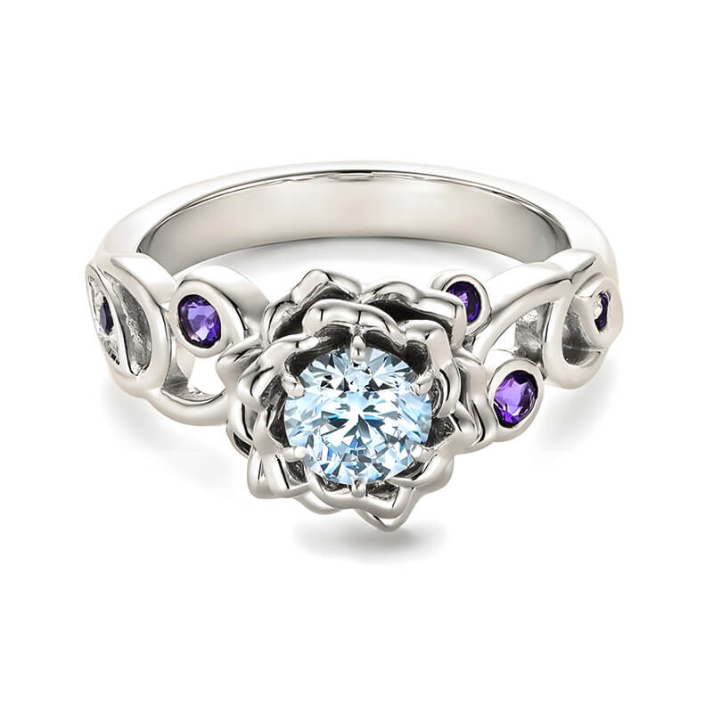 Organic Flower Petals Round Moissanite And Amethyst Engagement Ring