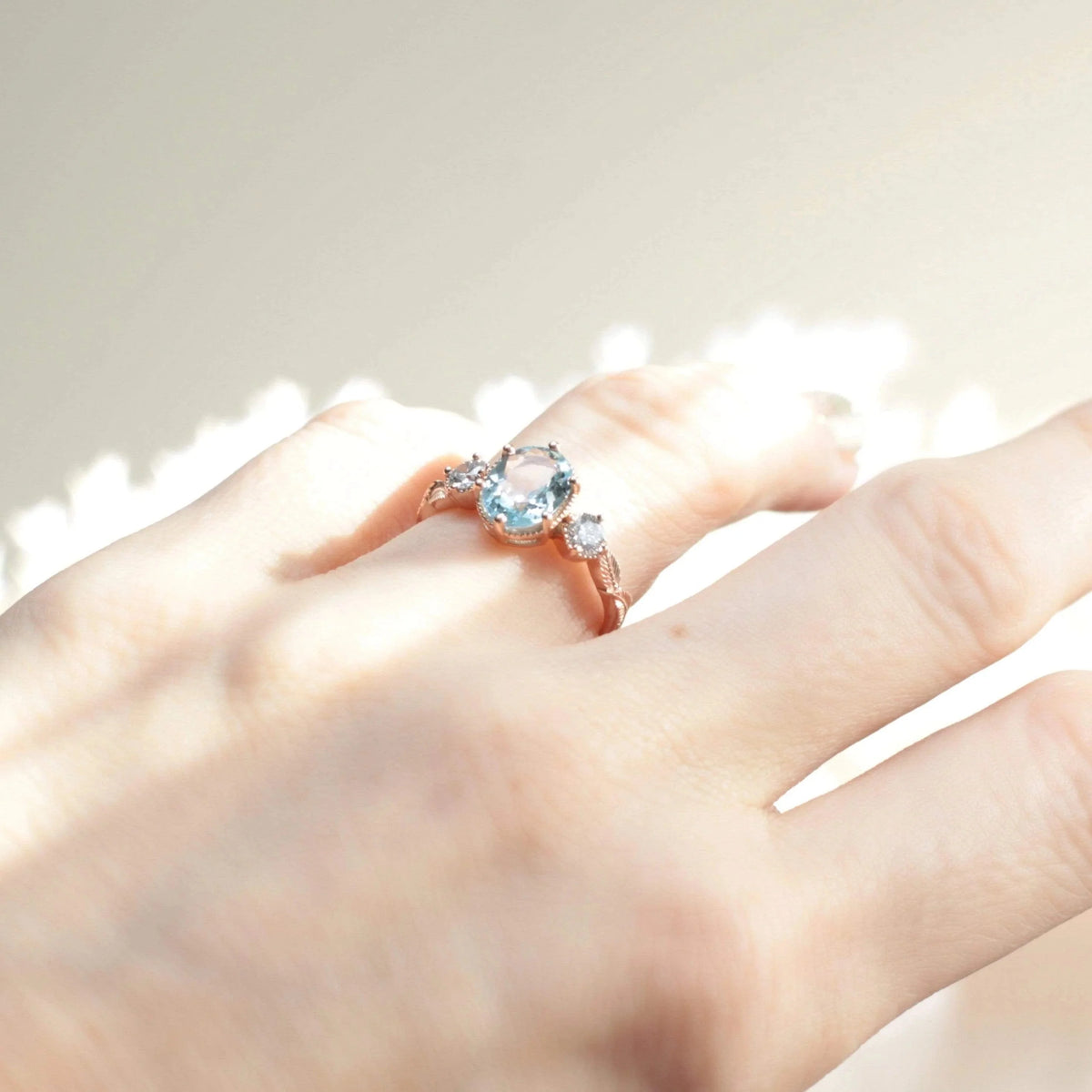 Oval Aquamarine Leaf Ring