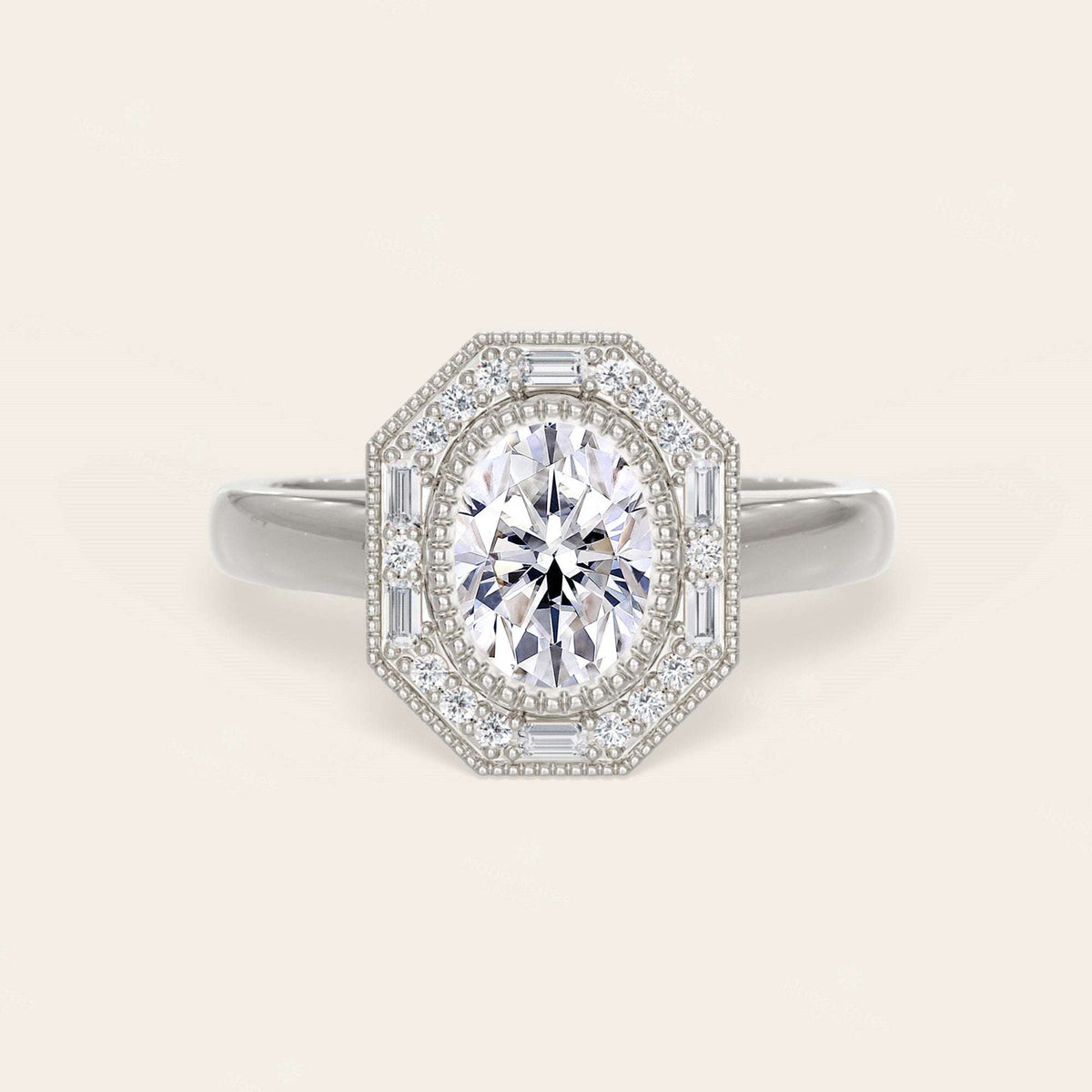 Oval Lab Grown Diamond Mosaic Design Art Deco Engagement Ring