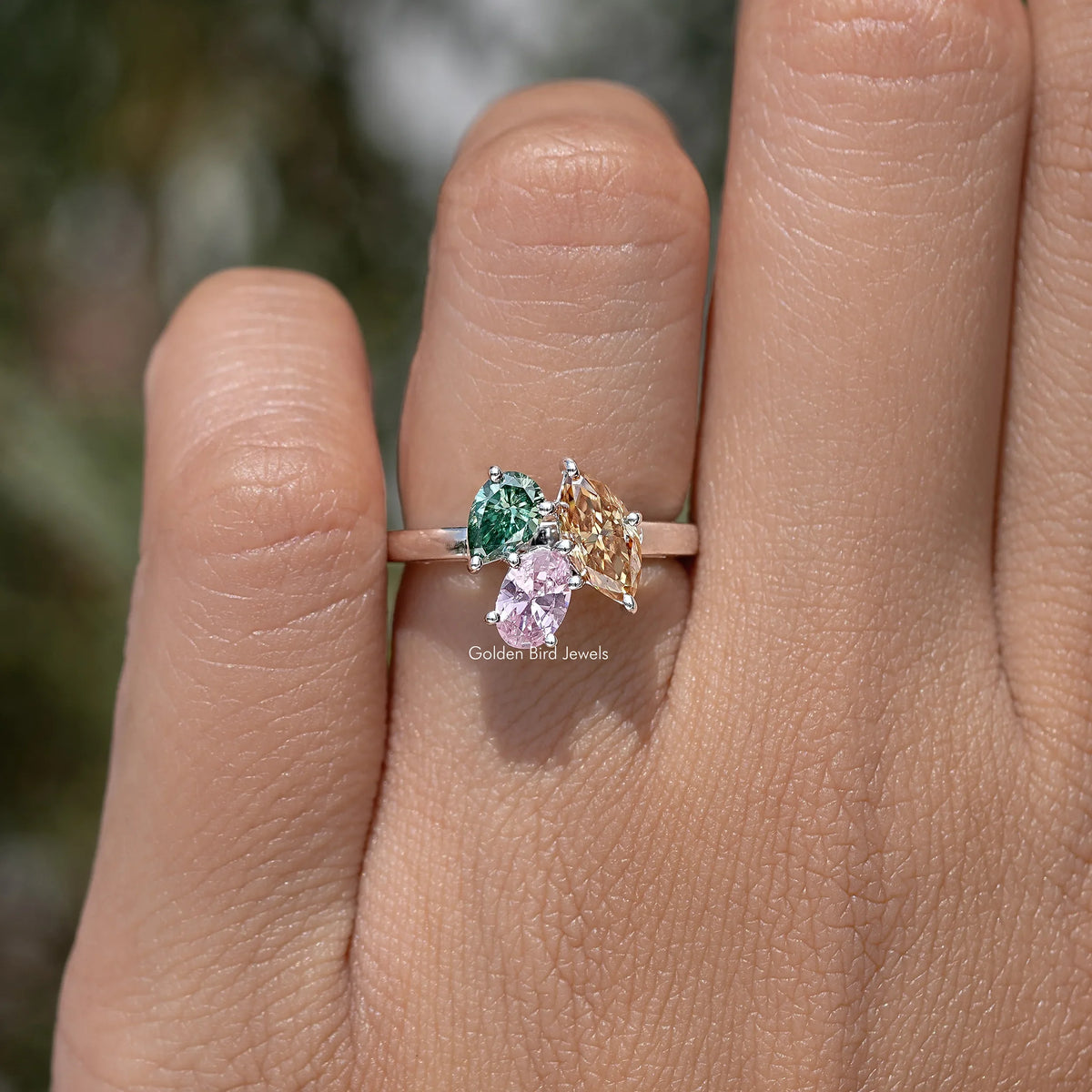 Three Stone Moissanite Gemstone Engagement Ring