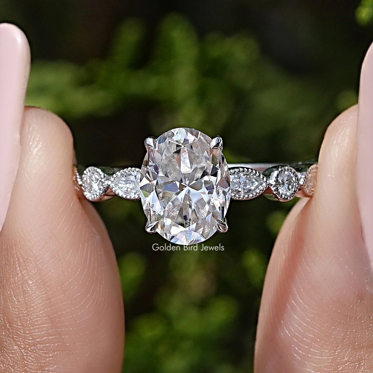 Oval Cut Moissanite Miligraine Set Engagement Ring