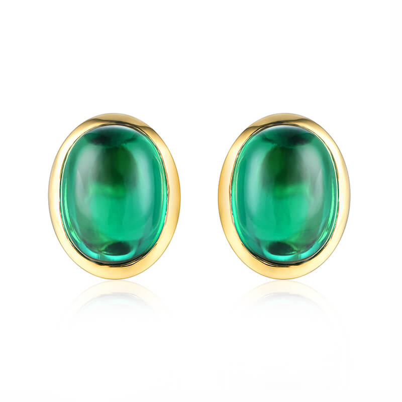 Oval-Shaped Lab-Created Emerald Bezel Sterling Silver Stud Earrings