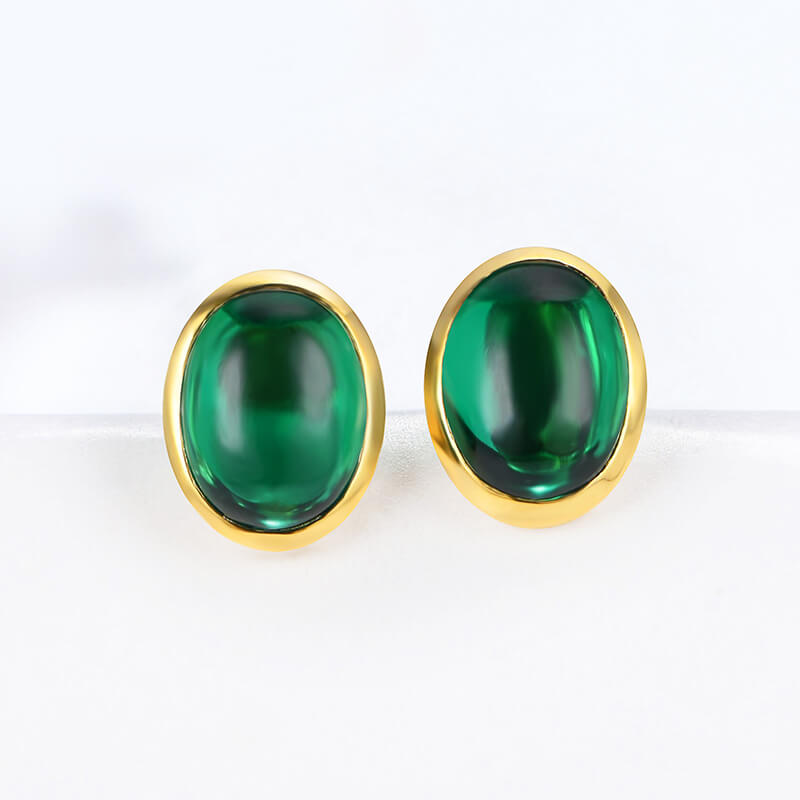 Oval-Shaped Lab-Created Emerald Bezel Sterling Silver Stud Earrings