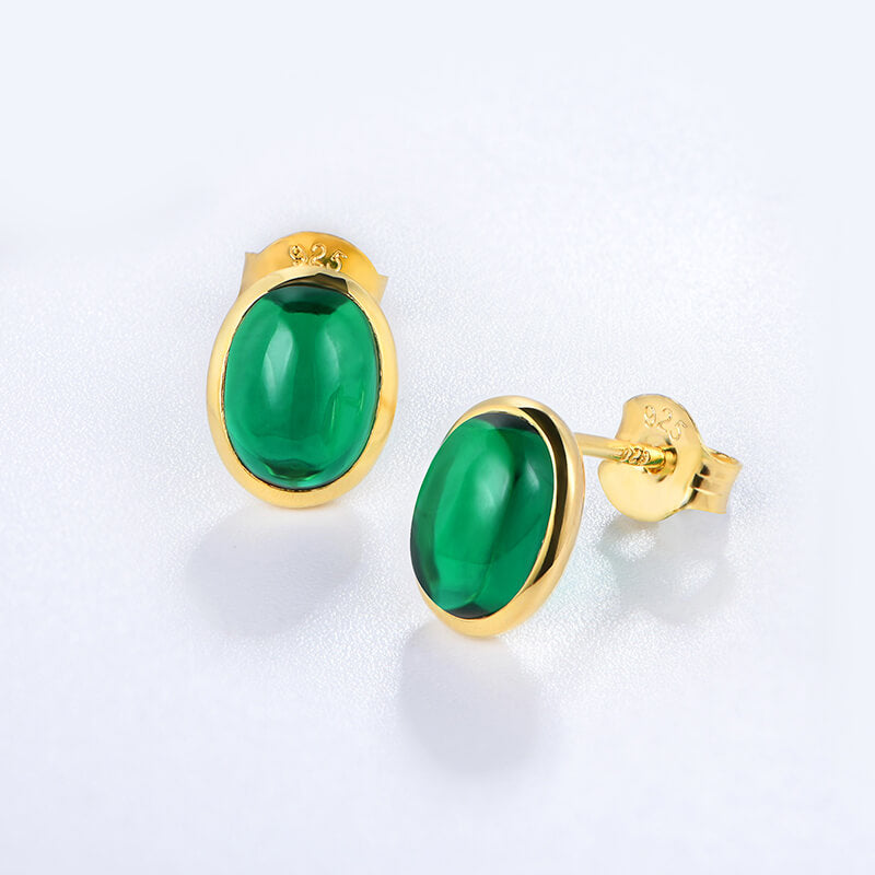 Oval-Shaped Lab-Created Emerald Bezel Sterling Silver Stud Earrings