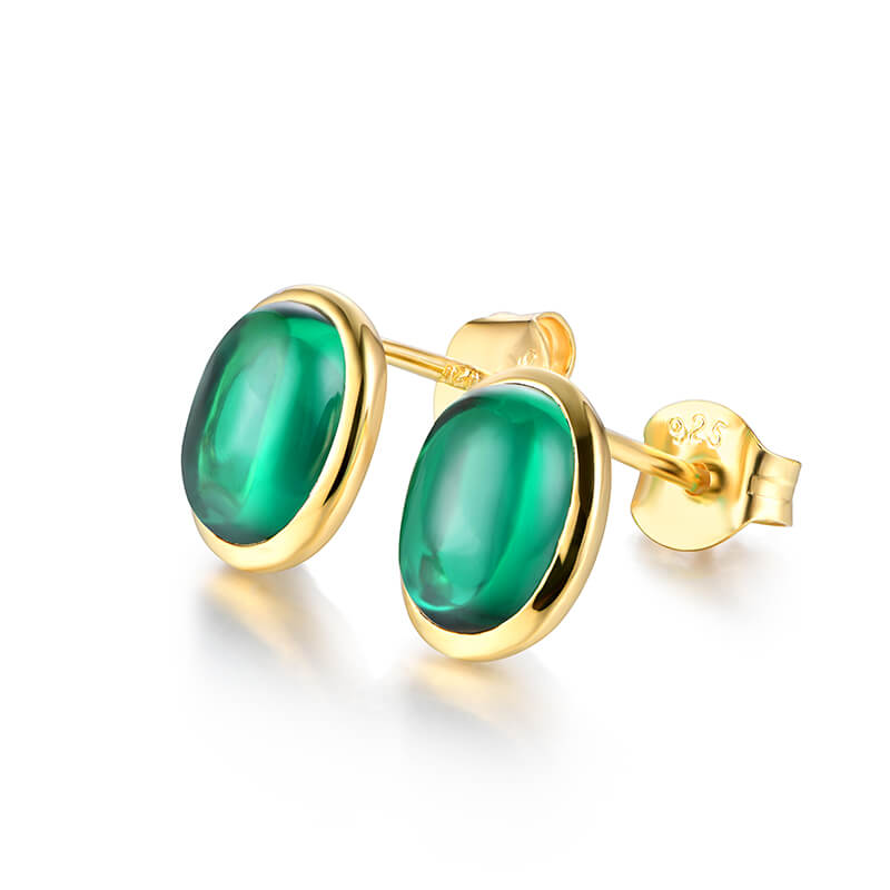 Oval-Shaped Lab-Created Emerald Bezel Sterling Silver Stud Earrings