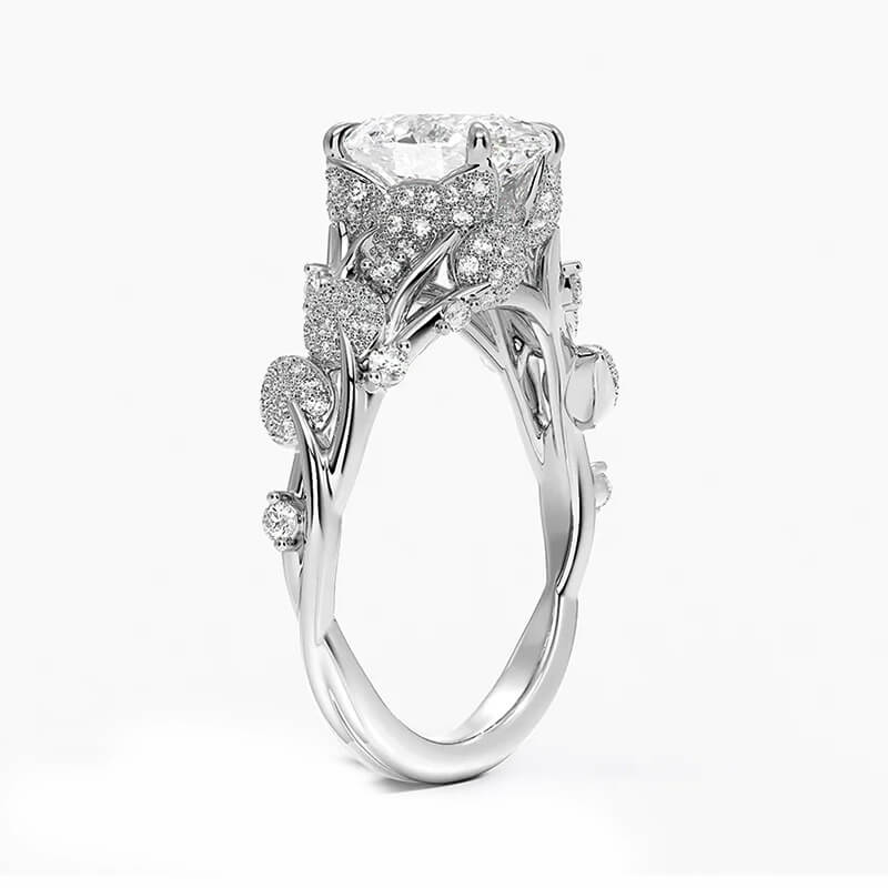 Oval Cut Moissanite Leaves Pave Engagement Ring