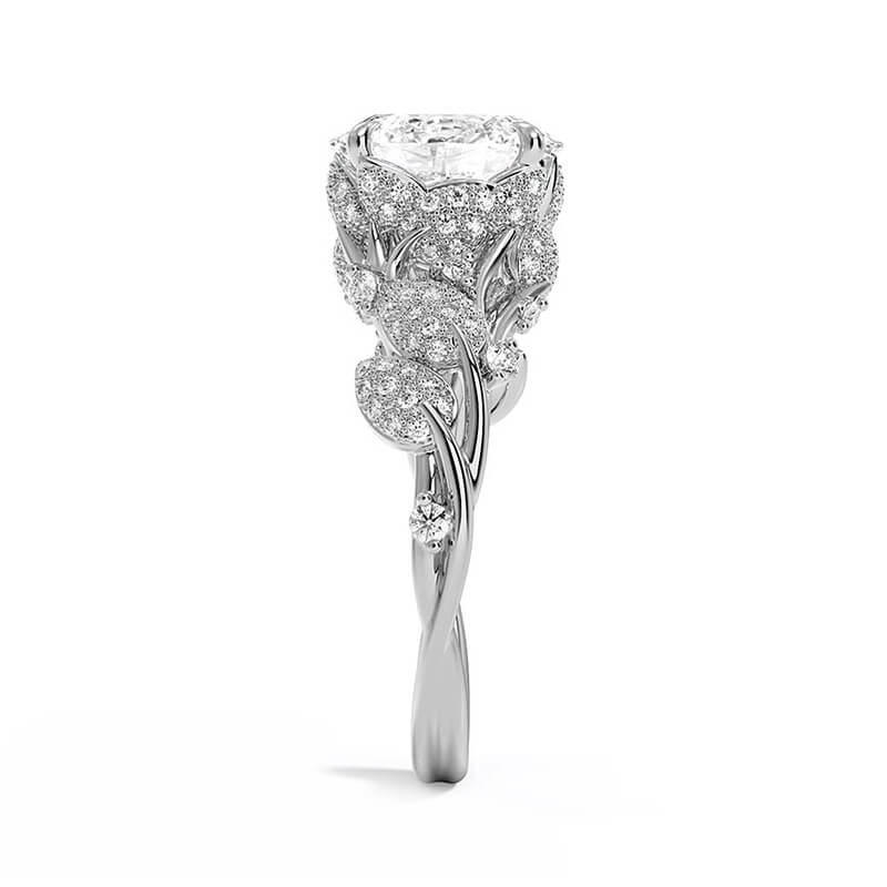 Oval Cut Moissanite Leaves Pave Engagement Ring