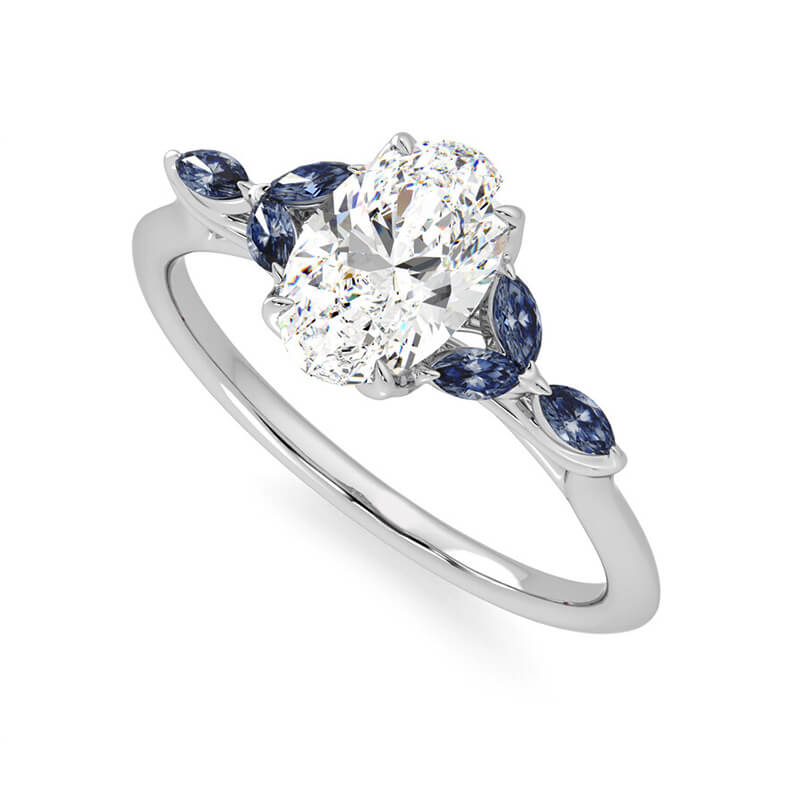 Oval Cut Moissanite With Marquise Sapphire Petals Accents Engagement Ring
