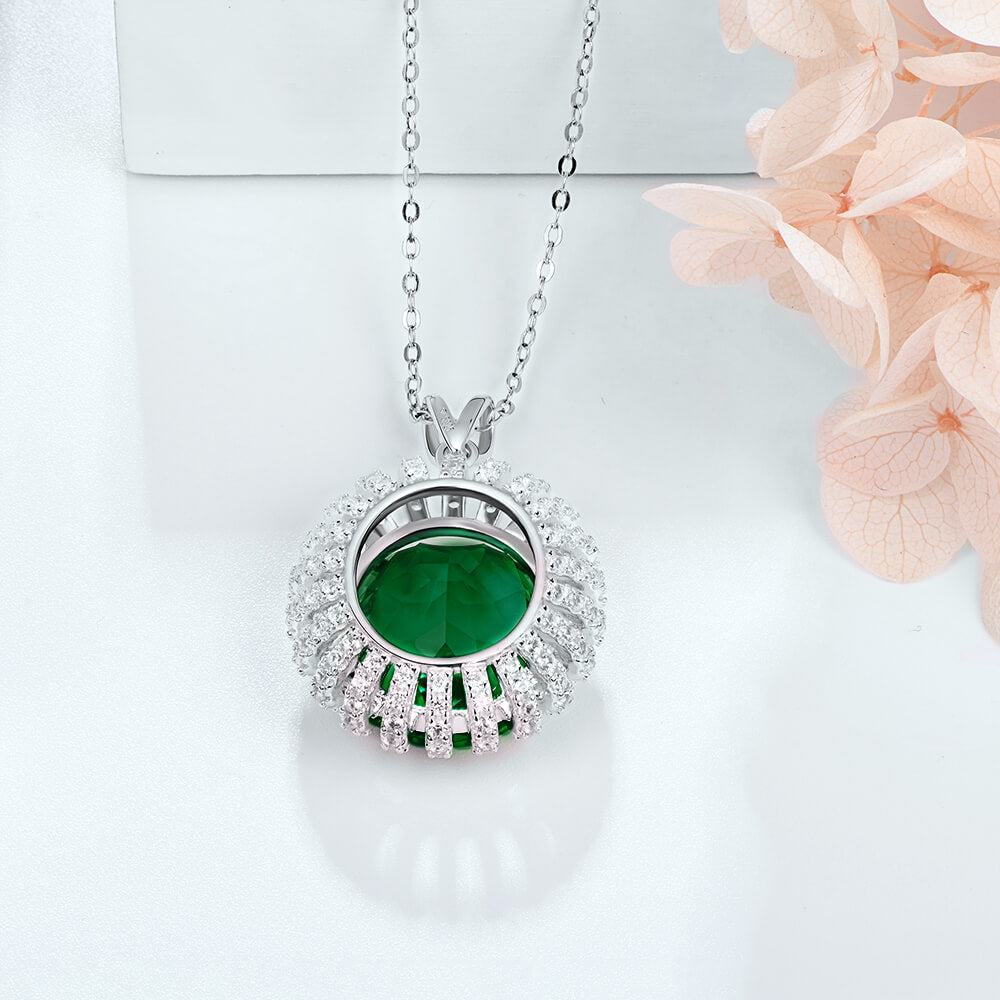 Oval Lab-Created Emerald Flower Sterling Silver Necklace