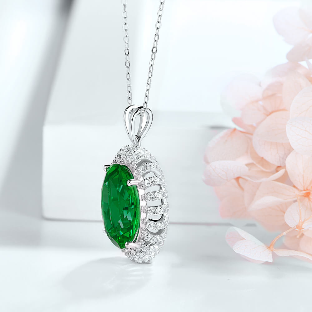 Oval Lab-Created Emerald Flower Sterling Silver Necklace