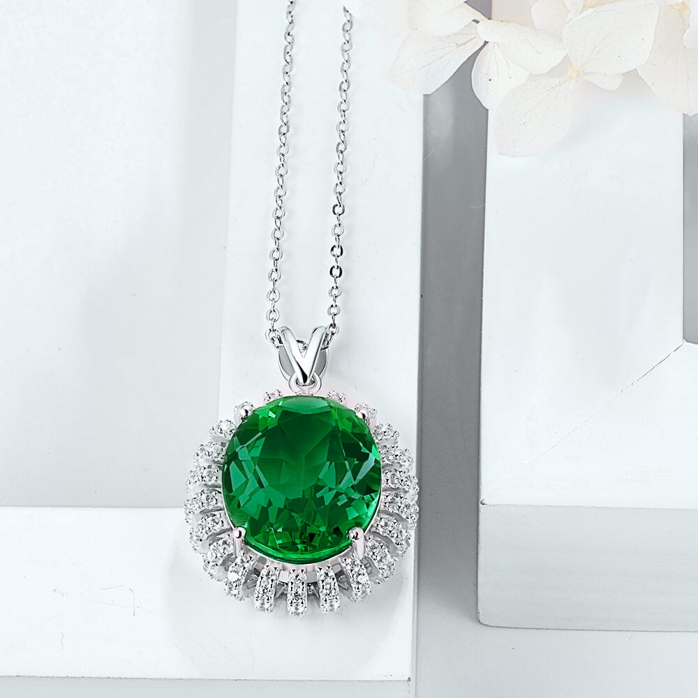 Oval Lab-Created Emerald Flower Sterling Silver Necklace