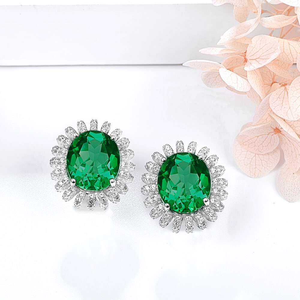 Oval Lab-Created Emerald Flower Sterling Silver Stud Earrings