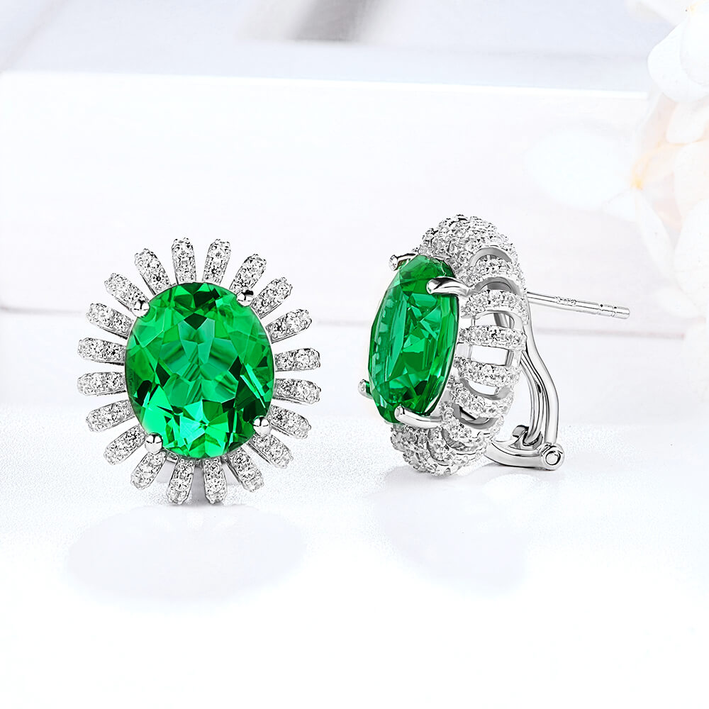 Oval Lab-Created Emerald Flower Sterling Silver Stud Earrings