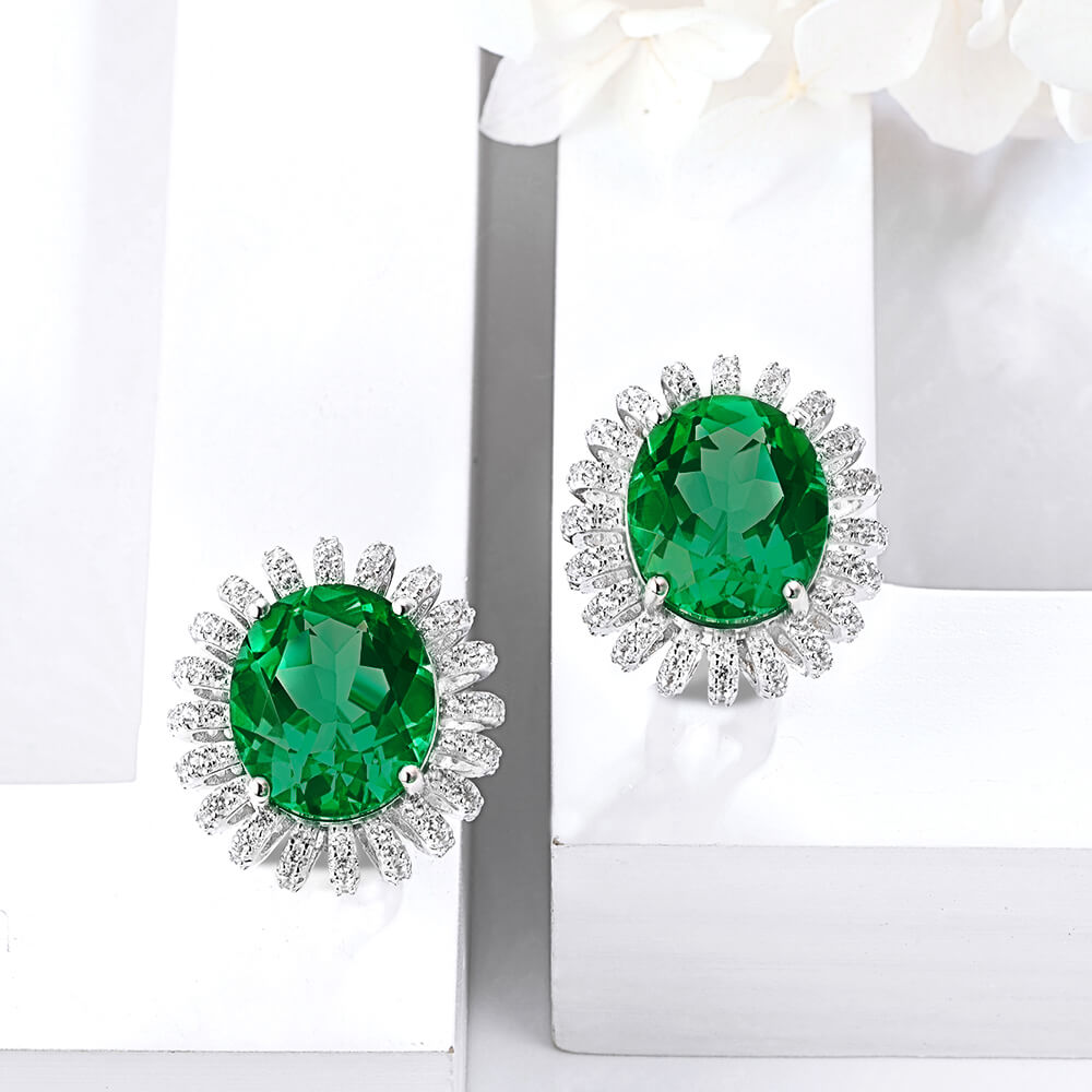 Oval Lab-Created Emerald Flower Sterling Silver Stud Earrings