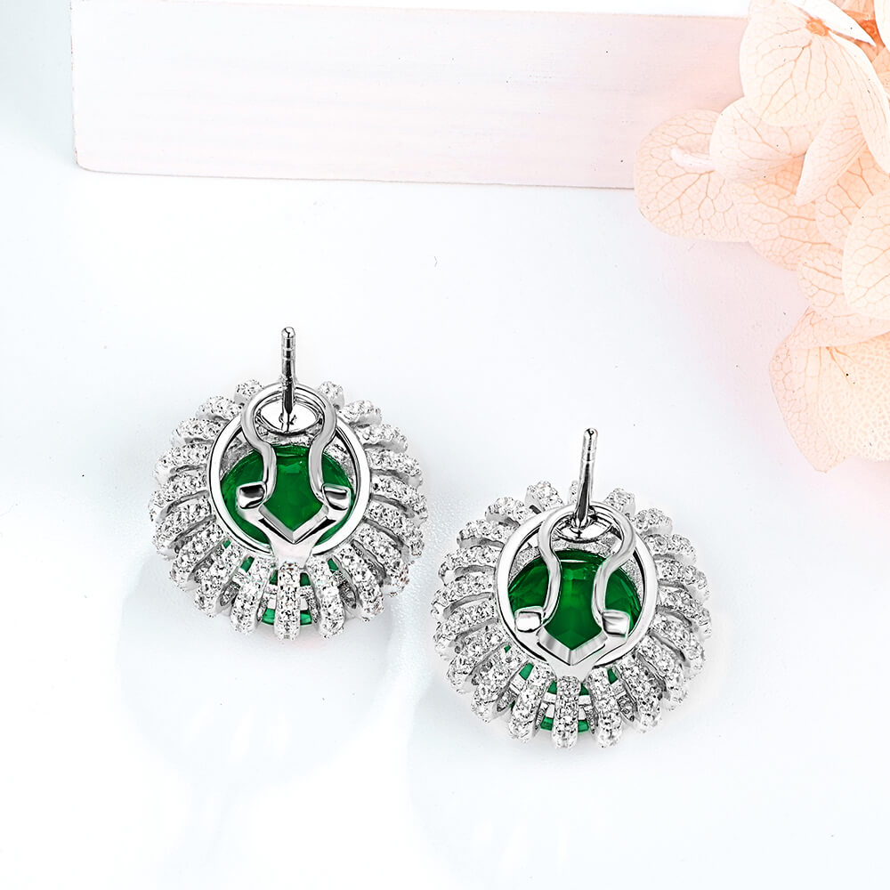 Oval Lab-Created Emerald Flower Sterling Silver Stud Earrings