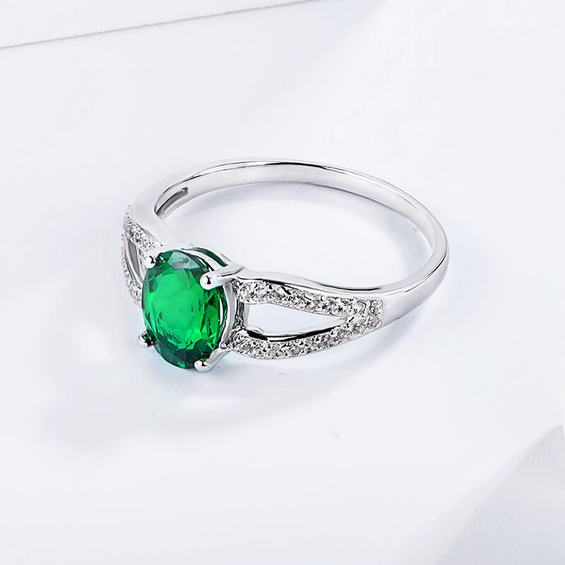 Oval Lab-Created Emerald Split Shank Pave Sterling Silver Ring