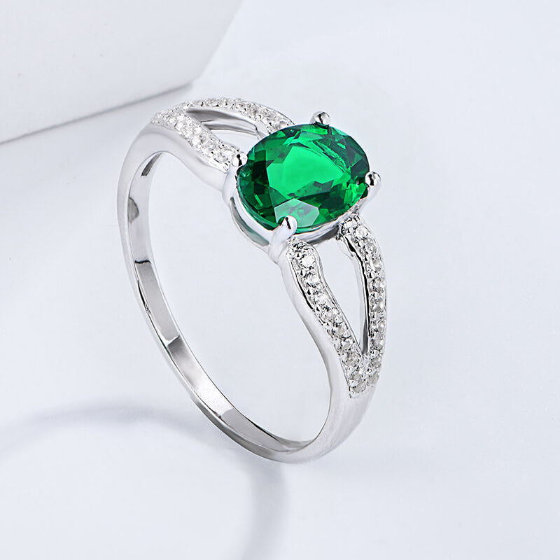 Oval Lab-Created Emerald Split Shank Pave Sterling Silver Ring