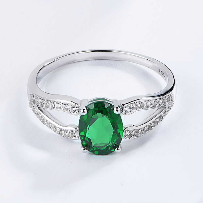 Oval Lab-Created Emerald Split Shank Pave Sterling Silver Ring