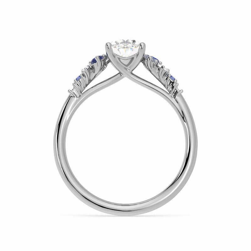 Oval Moissanite And Graduated Blue Sapphire Clusters Engagement Ring