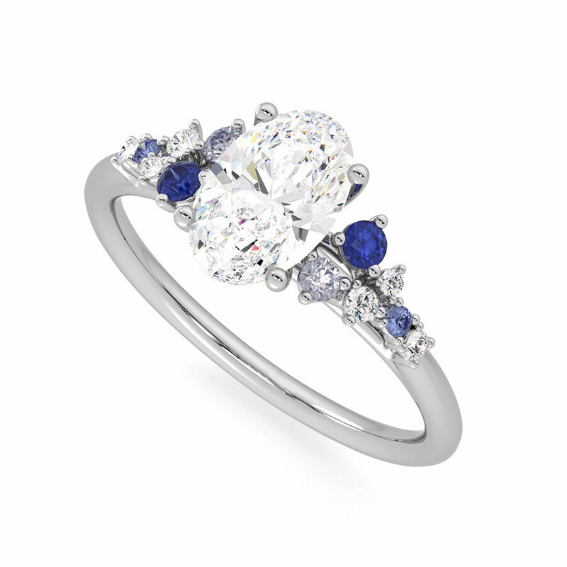 Oval Moissanite And Graduated Blue Sapphire Clusters Engagement Ring