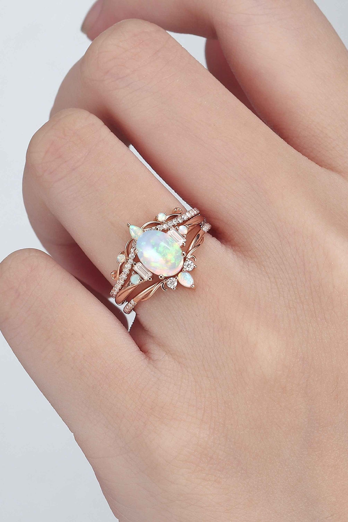 Nature Inspired Oval Ring Set with Moissanite 3pcs Set - IverJewelry