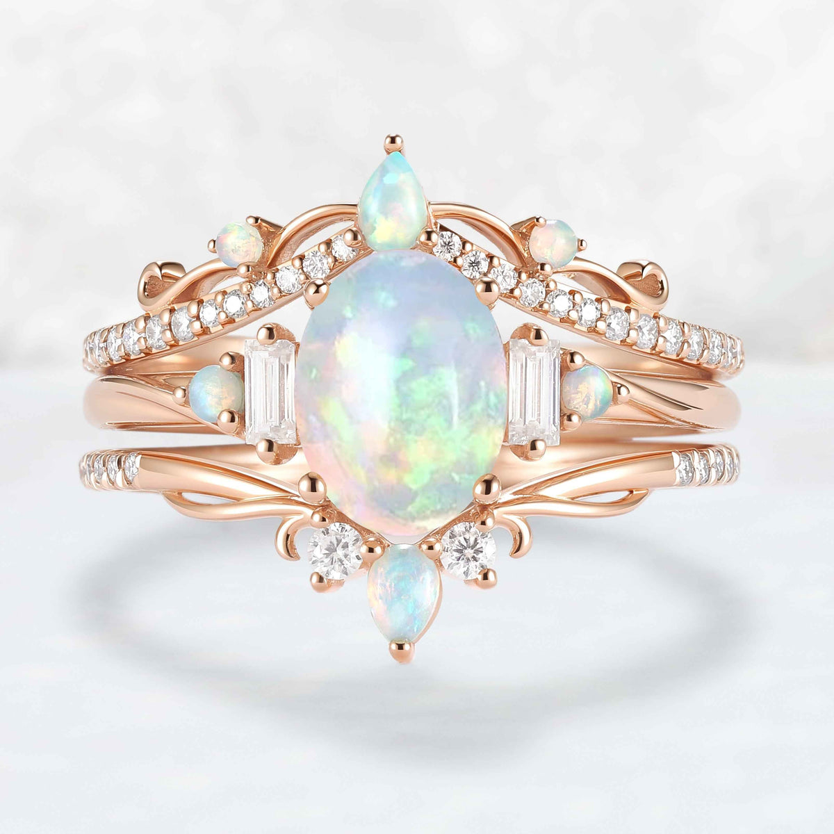 Nature Inspired Oval Ring Set with Moissanite 3pcs Set - IverJewelry