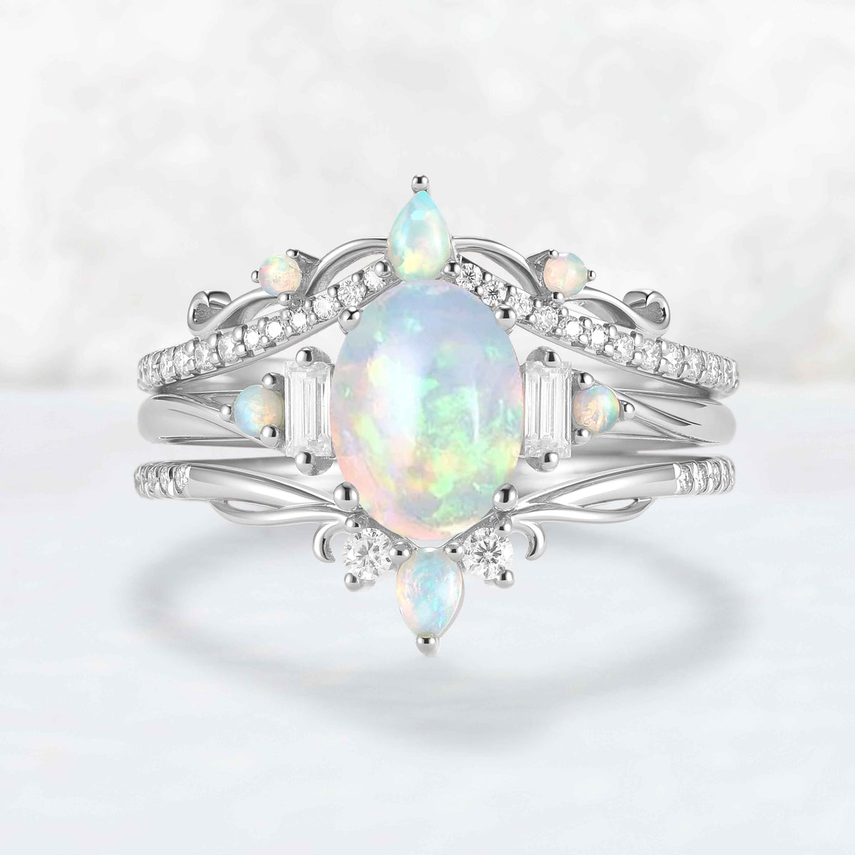 Nature Inspired Oval Ring Set with Moissanite 3pcs Set - IverJewelry