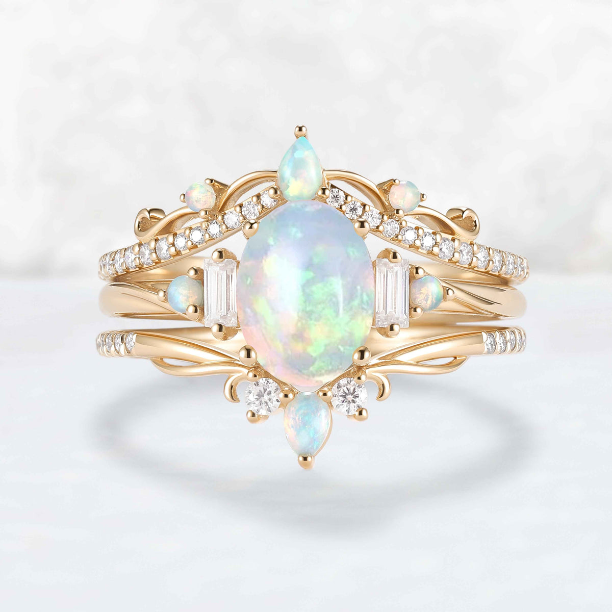 Nature Inspired Oval Ring Set with Moissanite 3pcs Set - IverJewelry