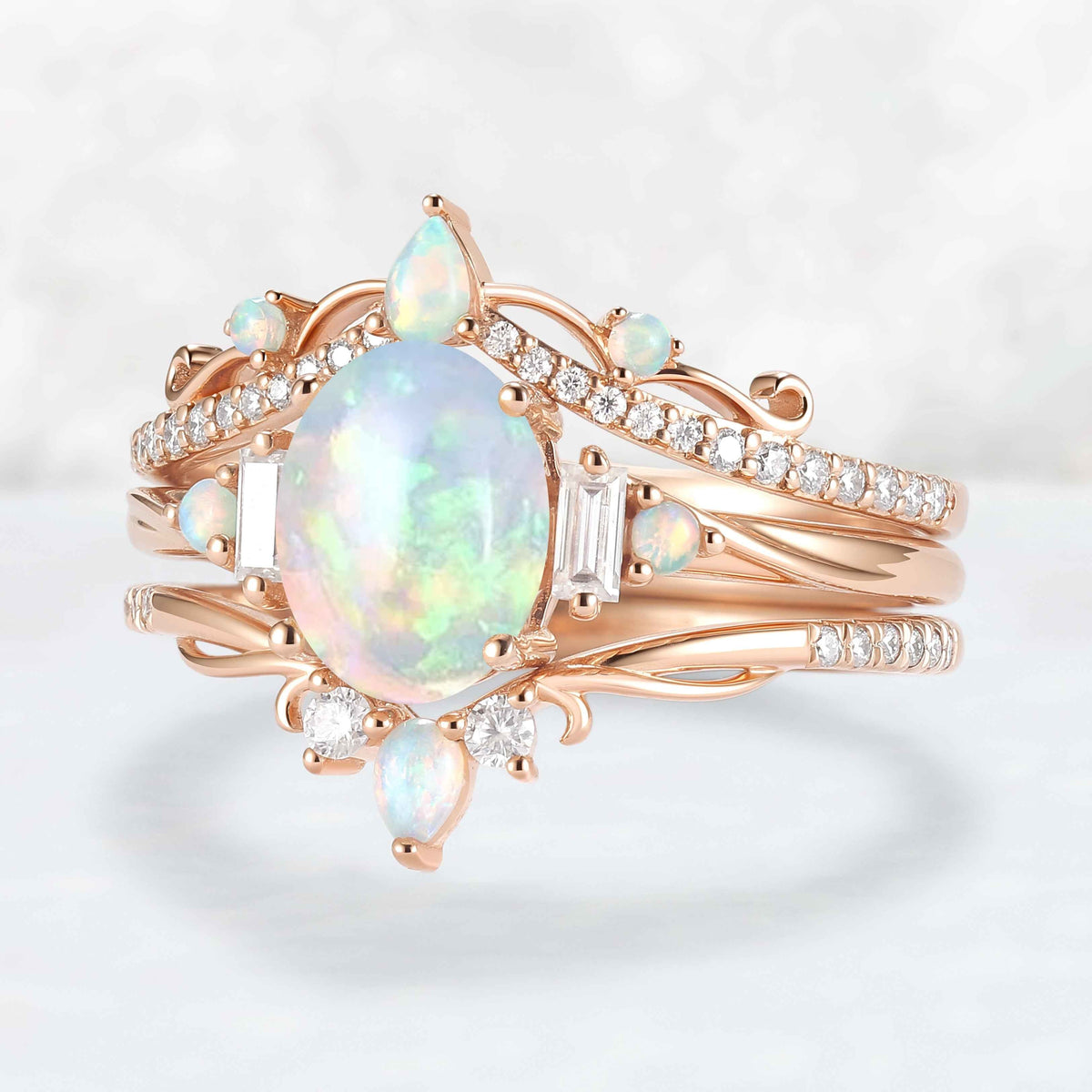 Nature Inspired Oval Ring Set with Moissanite 3pcs Set - IverJewelry