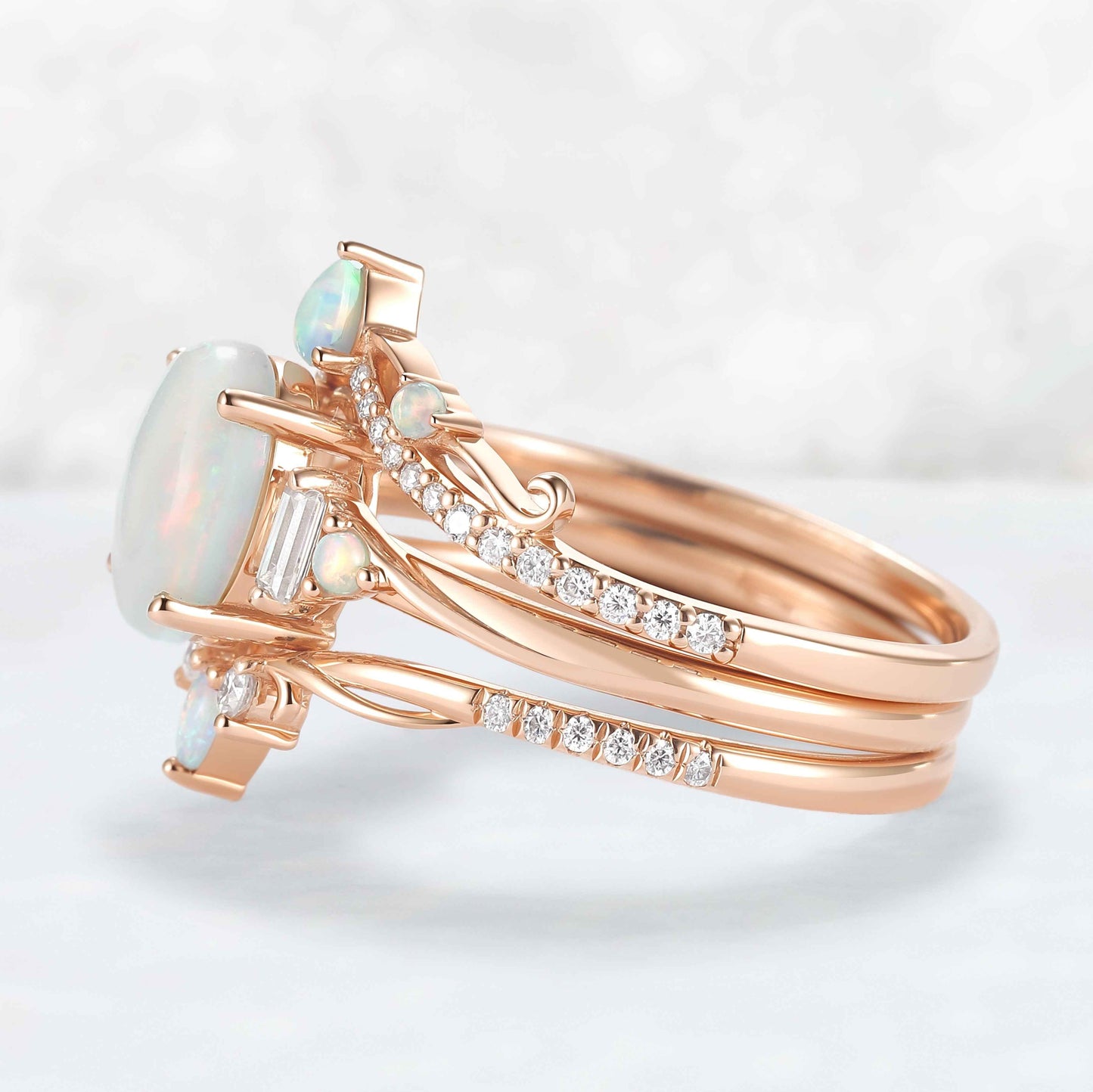 Nature Inspired Oval Ring Set with Moissanite 3pcs Set - IverJewelry
