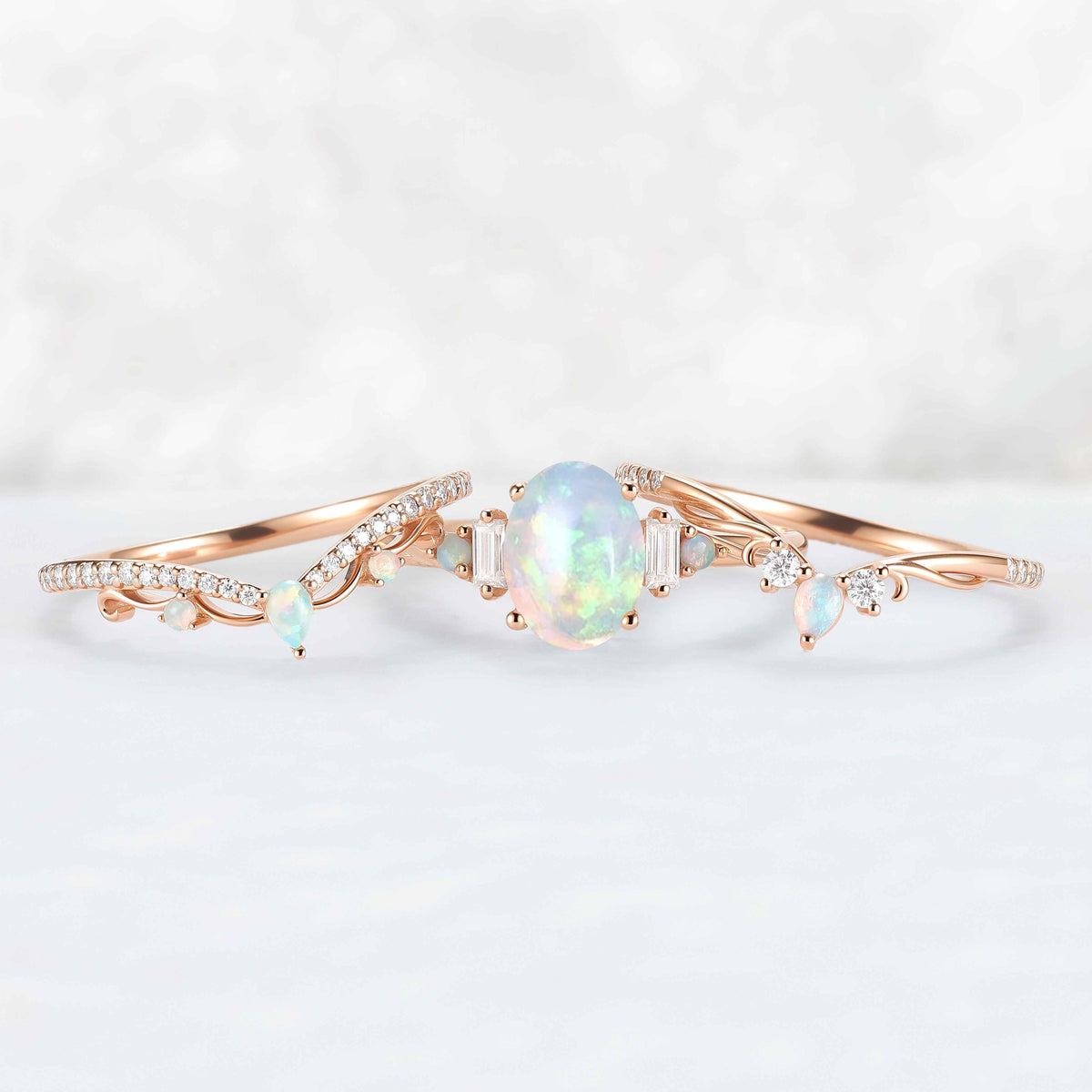 Nature Inspired Oval Ring Set with Moissanite 3pcs Set - IverJewelry