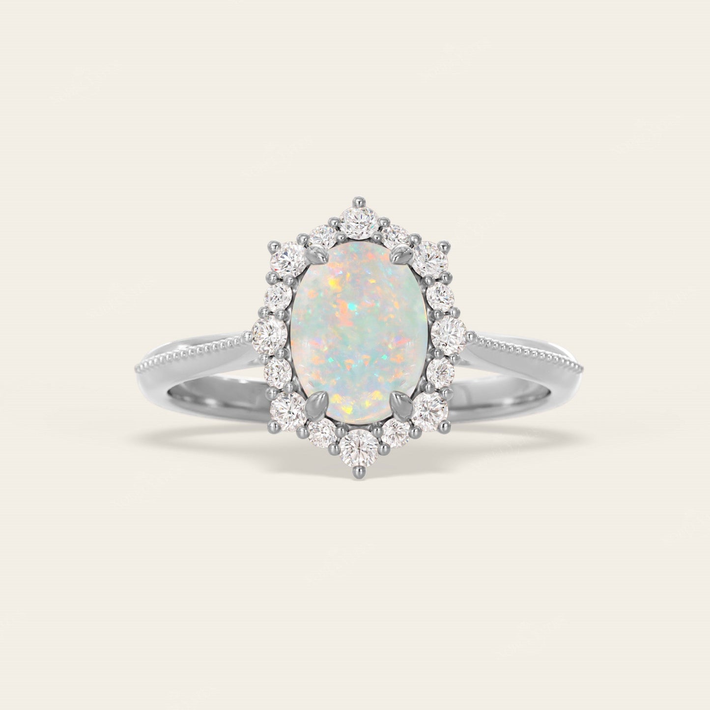 Oval White Opal Lab Diamond Halo Engagement Ring