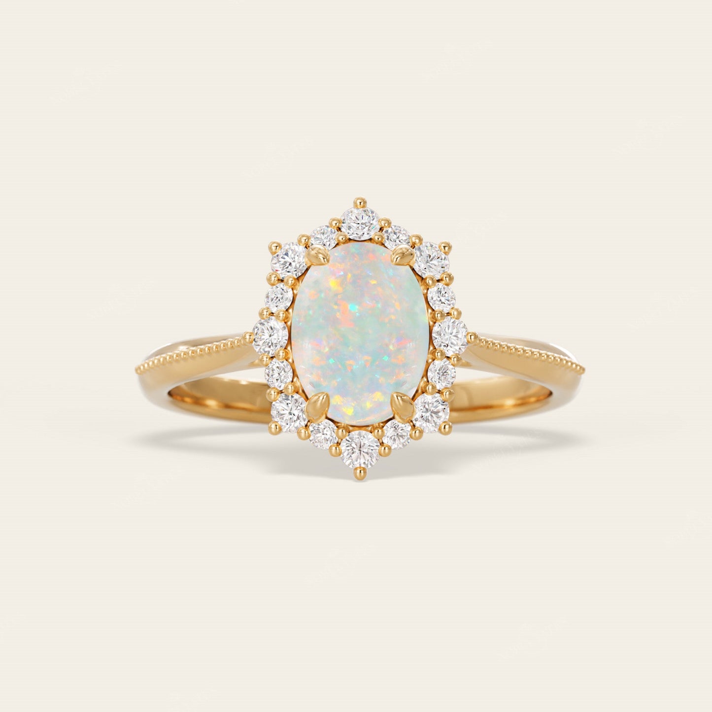 Oval White Opal Lab Diamond Halo Engagement Ring